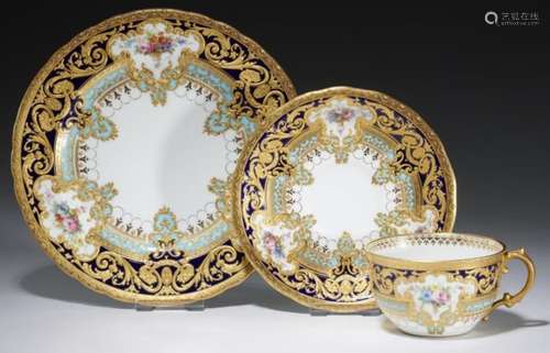 A ROYAL CROWN DERBY TEACUP, SAUCER AND PLATE FROM THE GARY SERVICE, 1909each piece painted by A