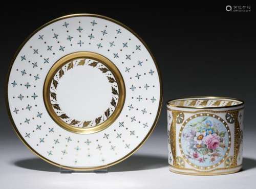 A LYNTON JEWELLED COFFEE CAN AND SAUCER, LATE 20TH/EARLY 21ST CENTURY the coffee can painted by S