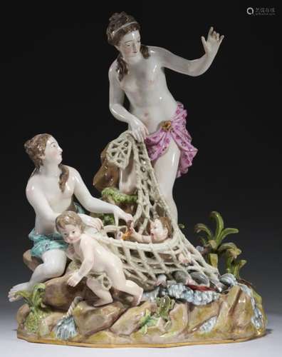 A MEISSEN GROUP OF THE CAPTURE OF THE TRITONS, LATE 19TH C 34cm h, incised C 35, crossed swords with