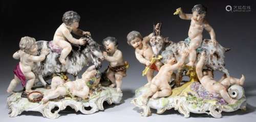 A PAIR OF SAMSON PORCELAIN BACCHANALIAN GROUPS OF FOUR INFANTS AND A GOAT, C1900 painted in bright