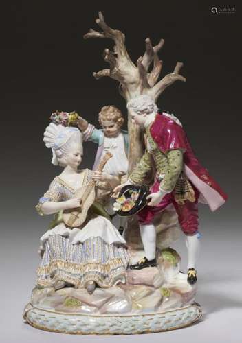 A MEISSEN GROUP OF A LADY AND GALLANT, LATE 19TH C with boy attendant, 26cm h, impressed number,