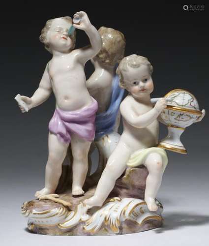 A MEISSEN GROUP OF THREE INFANT ASTRONOMERS, LATE 19TH C 12cm h, incised A12, crossed swords++