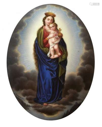 A CONTINENTAL PORCELAIN PLAQUE PAINTED WITH THE VIRGIN AND CHILD IN GLORY, LATE 19TH C 12 x 9cm,