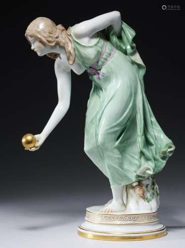 A MEISSEN FIGURE OF A GIRL PLAYING BOWLS, KUGELSPIELERIN, MODELLED BY WALTER SCHOTT, C1900 38cm h,