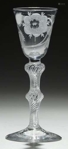 AN ENGLISH JACOBITE WINE GLASS, C1750 the round funnel bowl engraved with rose and bud, on single