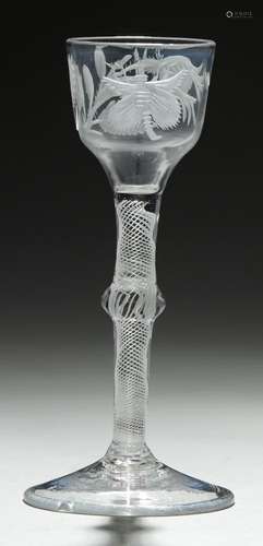 AN ENGLISH JACOBITE WINE GLASS, C1750 the ogee bowl engraved with moth and rosebud on single