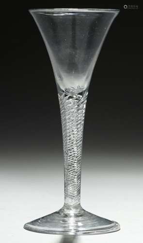 AN ENGLISH WINE GLASS, C1750 the drawn trumpet bowl on tapering single series air twist stem, folded