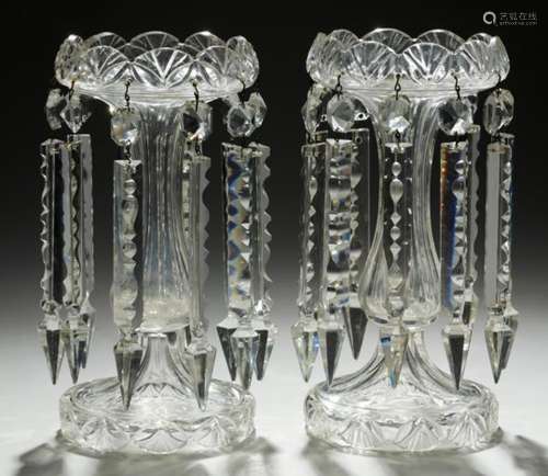 A PAIR OF VICTORIAN CUT GLASS LUSTRES, 19TH C 24cm h++Good condition