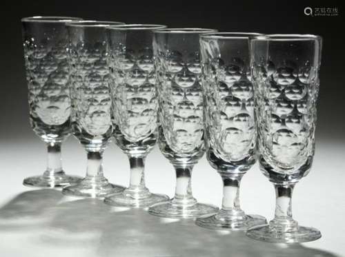 A SET OF SIX VICTORIAN GLASS FLUTES, LATE 19TH C with cut roundels, 19cm h++Good condition