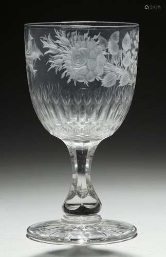 A VICTORIAN CUT GLASS UNION GOBLET, C1880 engraved with rose, thistle and shamrock, 20.5cm h,++