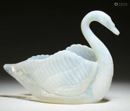 A BURTLES, TATE & CO PRESS MOULDED OPALESCENT GLASS SWAN FLOWER HOLDER, C1886 14.5cm h , moulded