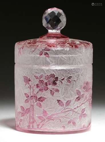 A FRENCH ETCHED PINK-OVER-CLEAR CAMEO GLASS POWDER JAR AND COVER, EARLY 20TH C with naturalistic