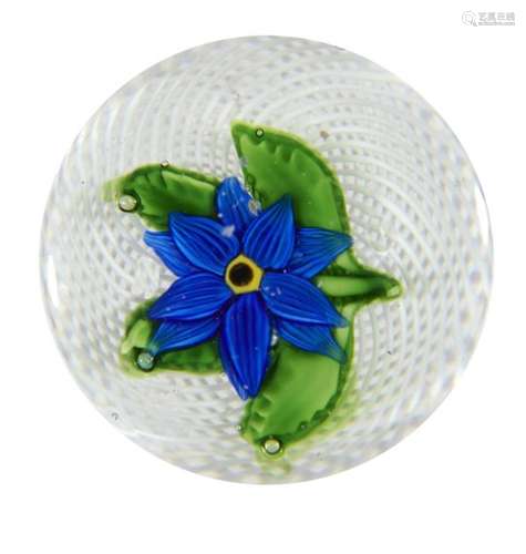 A ST LOUIS DOUBLE BLUE CLEMATIS PAPERWEIGHT, MID 19TH C the bright blue flower and vivid green