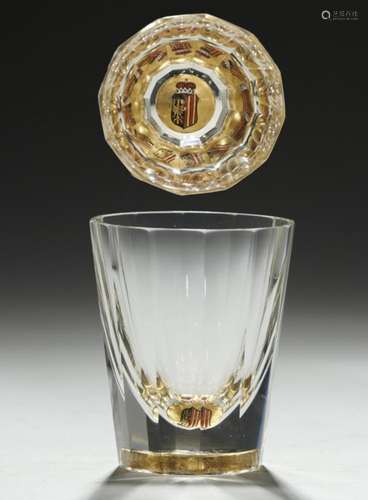 A BACCARAT ARMORIAL FACETED BEAKER, EARLY 20TH C the base enamelled with crown and shield borne on a