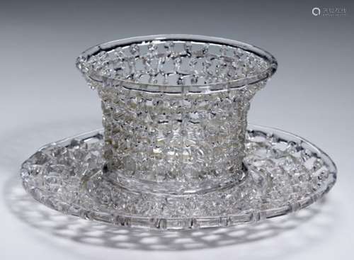 A LIEGE OPENWORK GLASS CHERRY BASKET AND STAND, EARLY 19TH C stand 24cm diam++Stand cracked