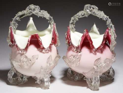 A PAIR OF ENGLISH ART GLASS BASKETS, STOURBRIDGE, C1885 of primrose and shaded pink glass with