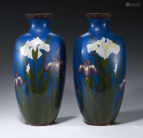 A PAIR OF JAPANESE CLOISONNÉ ENAMEL VASES, MEIJI PERIOD with irises on a blue ground, 37cm h++One or