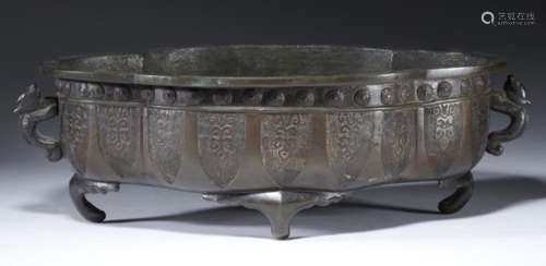 A JAPANESE BONSAI PLANTER, MEIJI PERIOD cast with lappets, 36cm over handles ++Interior with water