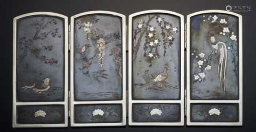 A MINIATURE JAPANESE SILVER AND SHIBUICHI FOUR FOLD SCREEN, MEIJI/TAISHO PERIOD decorated to both