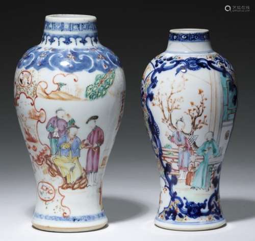 TWO CHINESE EXPORT PORCELAIN FAMILLE ROSE VASES, C1770 enamelled with scenes between underglaze blue