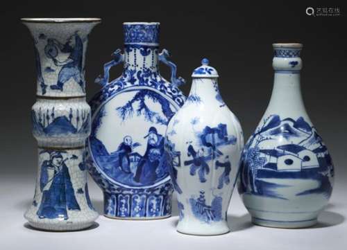 A CHINESE BLUE AND WHITE MOON VASE, TWO OTHERS AND A GUGLET, QING DYNASTY, 19TH C the beaker vase