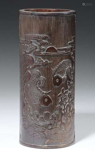 A CHINESE CARVED BAMBOO BRUSH POT, 20TH C with carp and plants, the reverse with inscription, 22.5cm