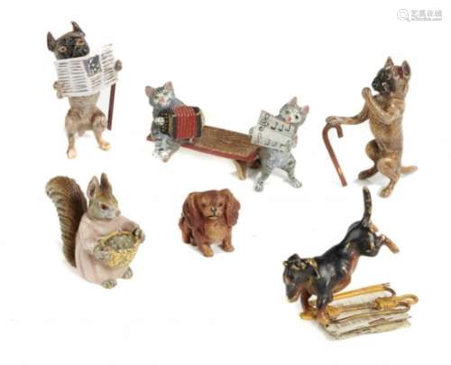 SIX MINIATURE COLD PAINTED BRONZE ANIMALS, EARLY 20TH C all but one an anthropomorphic subject,