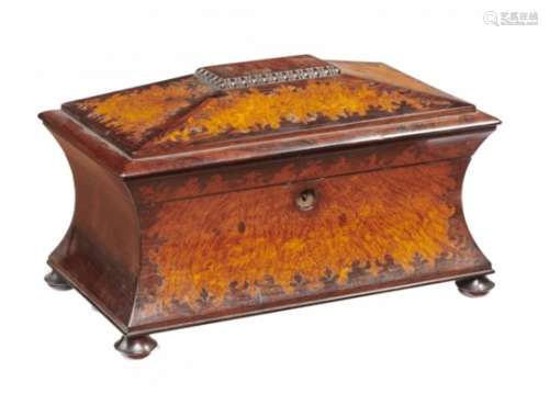 A VICTORIAN ROSEWOOD AND BURR MAPLE TEA CHEST, C1850 the interior in matching veneers and canisters,