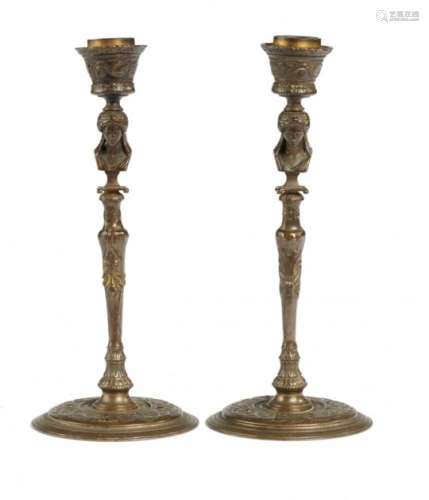 A PAIR OF FRENCH GOUT GREC BRONZE CANDLESTICKS BY BARBEDIENNE, C1870 23cm h, stamped F