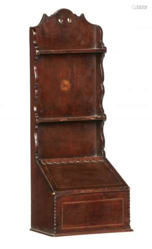 A GEORGE III INLAID FRUITWOOD WALL HANGING CANDLE BOX AND SPOON RACK, EARLY 19TH C with sloping lid,