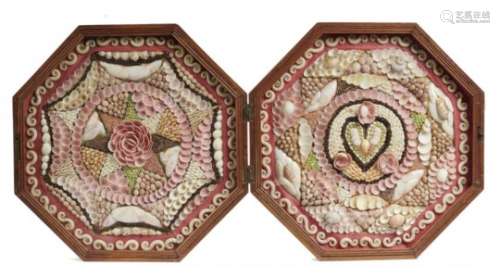 AN OCTAGONAL SEASHELL AND WOOD CASED SAILOR'S VALENTINE each heart centred by a heart or flower,