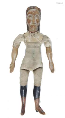 FOLK ART. AN UNUSUAL CARVED AND PAINTED PINE DOLL, SECOND HALF 19TH C with waisted, padded body, the