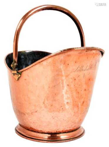 SHROPSHIRE INTEREST. A COPPER COAL SCUTTLE, C1830-40 with swing handle and brass back handle,