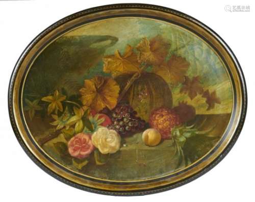 A VICTORIAN PAPIER MACHE TEA TRAY, C1850 painted with roses, passion flowers, a pineapple, melon and