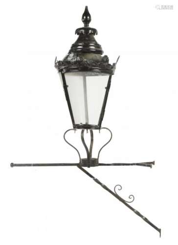 A VICTORIAN BLACK PAINTED METAL AND ZINC GAS LANTERN 80cm h, wrought iron bracket (2)++Lacking one