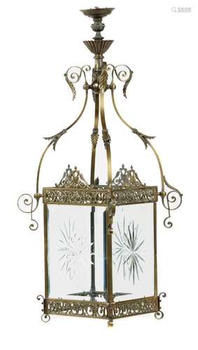 AN EDWARDIAN BRASS HALL LANTERN, C1905 of square shape with pierced scrollwork and leafy applied