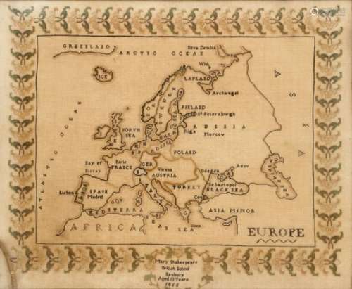 A VICTORIAN LINEN MAP SAMPLER OF EUROPE MARY SHAKESPEARE BRITISH SCHOOL BANBURY AGED 13 YEARS,