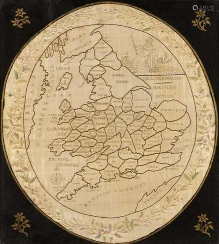 A REGENCY EMBROIDERED OVAL SILK MAP SAMPLER OF ENGLAND AND WALES M F EYRE 1816 worked in coloured