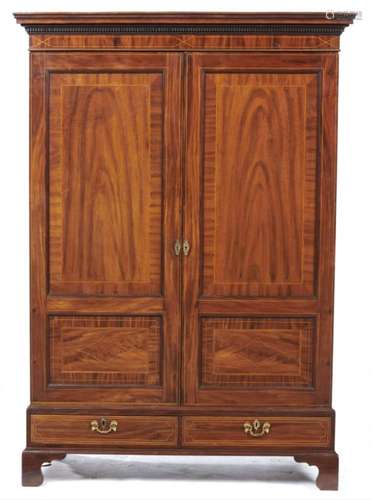 A VICTORIAN MAHOGANY AND LINE INLAID WARDROBE, LATE 19TH C with dentil cornice enclosed by twin