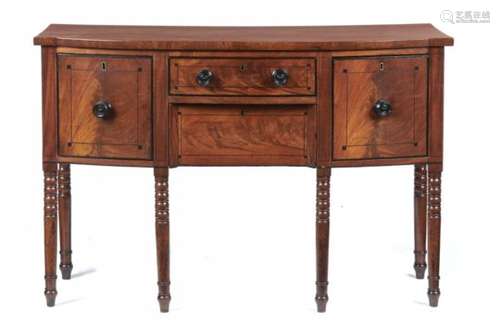 A GEORGE IV MAHOGANY AND EBONY LINE INLAID SIDEBOARD, C1830 on six turned legs, 85cm h; 56 x