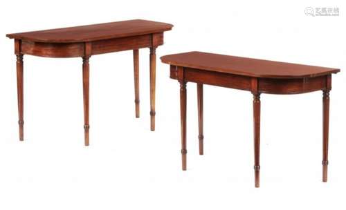 A PAIR OF MAHOGANY SIDE TABLES, EARLY 19TH C AND LATER on ring turned tapering legs, 72cm h; 51 x