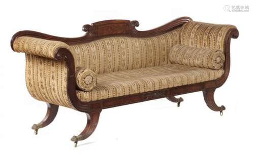 A WILLIAM IV MAHOGANY COUCH the tablet centred back flanked by reeded scrolls, with conforming