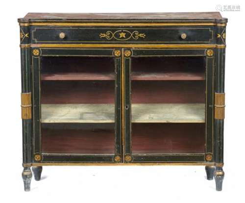 A REGENCY BLACK AND GOLD PAINTED CHIFFONIER, C1820 with outset pilasters flanking drawer and pair of