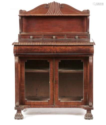 A WILLIAM IV MAHOGANY CHIFFONIER crossbanded in rosewood, the superstructure with shelf, on