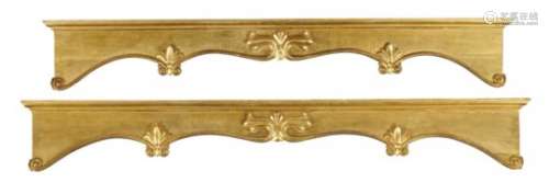 TWO MATCHING VICTORIAN GILTWOOD PELMETS, MID 19TH C 31cm h; 25 x 210cm or 225cm ++Some flaking of