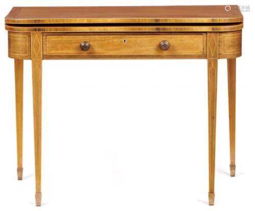 A ROSEWOOD, SATINWOOD AND LINE INLAID TEA TABLE, 19TH C fitted with a drawer, 76cm h; 47 x 96cm++