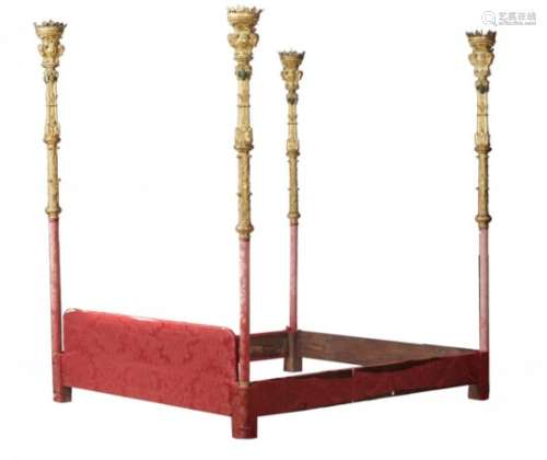 A FOUR POSTER BED INCORPORATING A SET OF ITALIAN GILTWOOD ALTAR CANDLESTICKS, 18TH/19TH C each