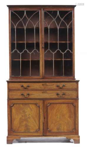 A GEORGE III MAHOGANY SECRETAIRE BOOKCASE, LATE 18TH C with dentil cornice and fitted with