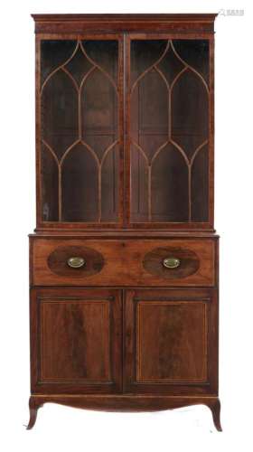 A GEORGE III MAHOGANY, SATINWOOD AND LINE INLAID SECRETAIRE BOOKCASE, C1810 the upper part fitted