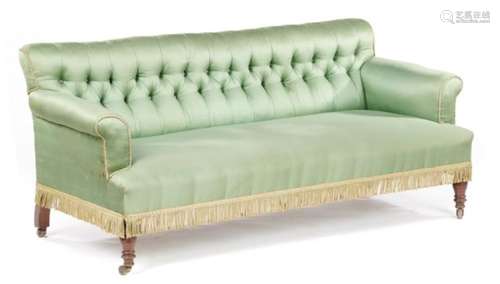 A VICTORIAN WALNUT SOFA OF UNUSUALLY SMALL PROPORTIONS, C1860 with low buttoned back, on turned